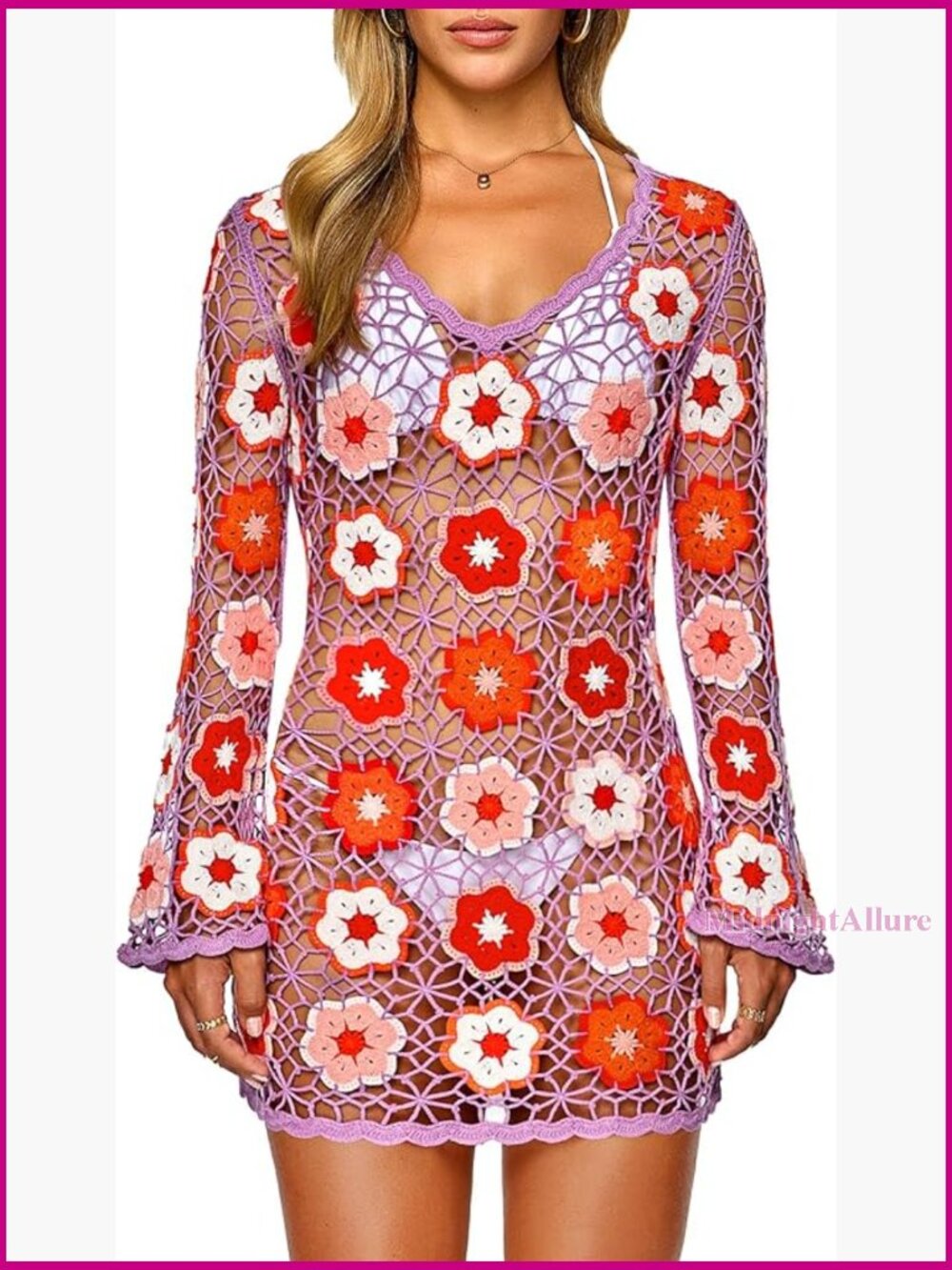 Large Crochet Cover Up Dress With 3d Floral Embroidery, Boho Bell Sleeves